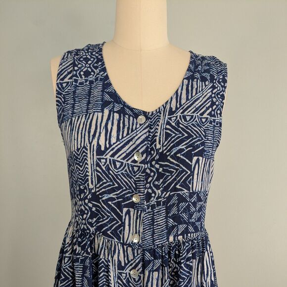 Karen Scott Maxi Dress Tropical Beachy Button Tie Back Sleeveless Blue White L - Picture 5 of 9